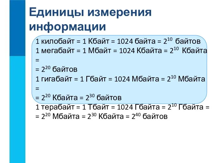 1 килобайт = 1 Кбайт = 1024 байта = 210 байтов 1