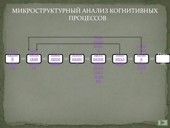 МИКРОСТРУКТУРНЫЙ АНАЛИЗ КОГНИТИВНЫХ ПРОЦЕССОВ Сенсорный регистр Иконическая память Сканирование Опознание Формирование программ