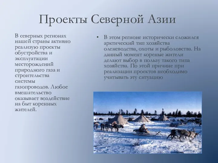 Проекты Северной Азии В этом регионе исторически сложился арктический тип хозяйства оленеводства,