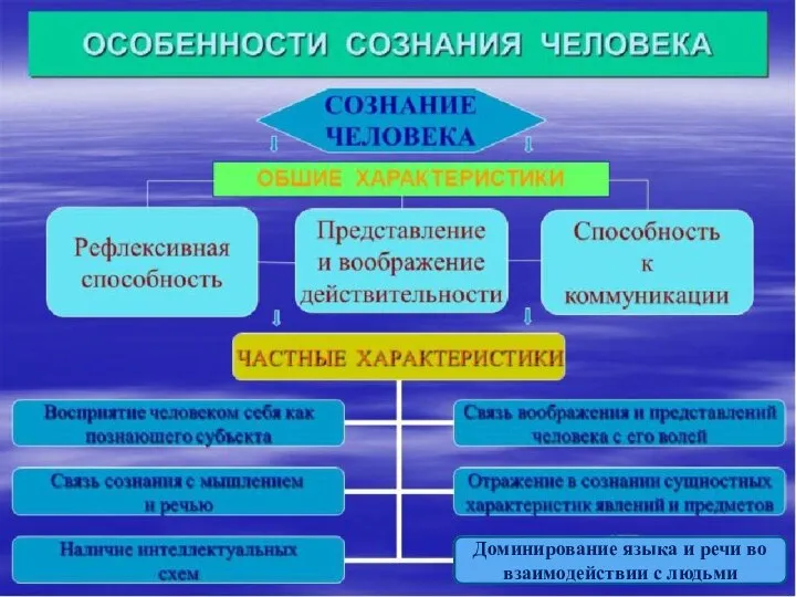 Главные характеристики сознания Доминирование языка и речи во взаимодействии с людьми