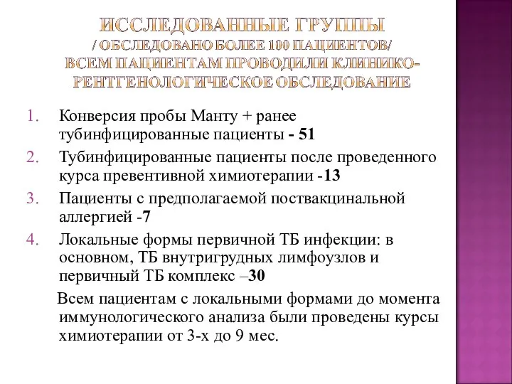 Конверсия пробы Манту + ранее тубинфицированные пациенты - 51 Тубинфицированные пациенты после