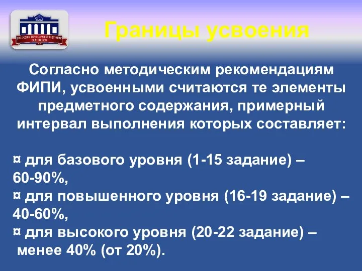 Согласно методическим рекомендациям ФИПИ, усвоенными считаются те элементы предметного содержания, примерный интервал