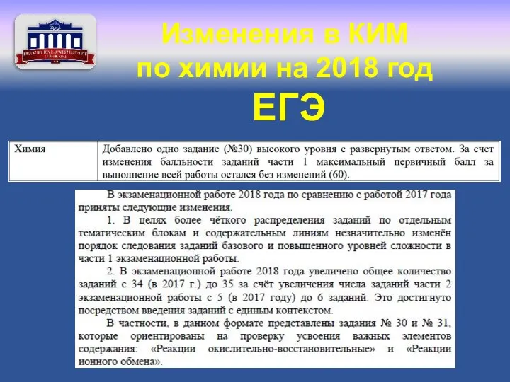 ЕГЭ Изменения в КИМ по химии на 2018 год