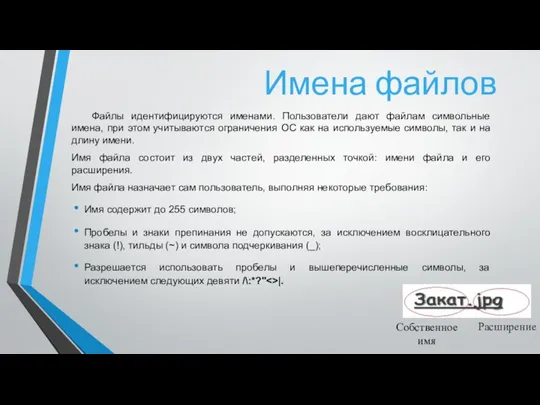 Собственное имя Файлы идентифицируются именами. Пользователи дают файлам символьные имена, при этом