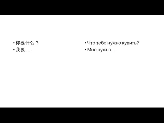 你要什么？ 我要…… Что тебе нужно купить? Мне нужно…