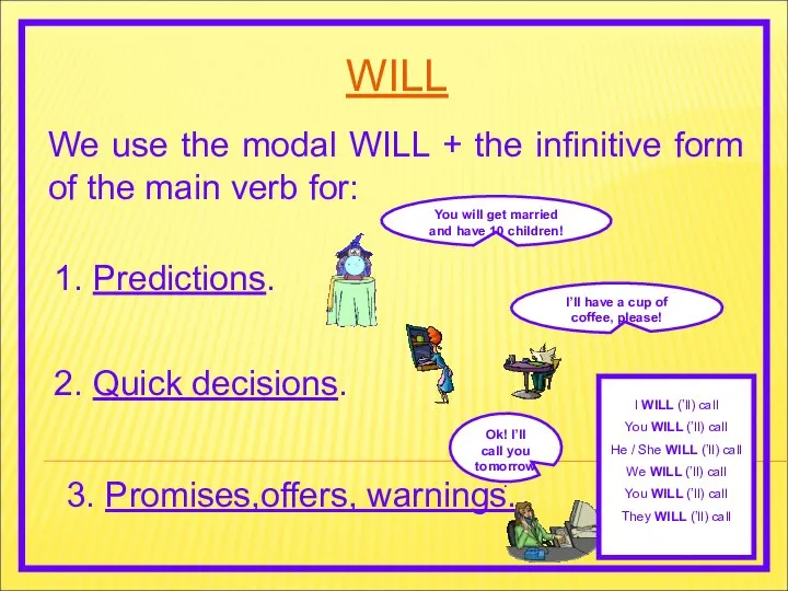 WILL We use the modal WILL + the infinitive form of the