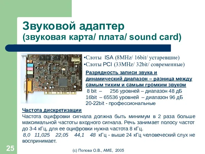 (с) Попова О.В., AME, 2005 Звуковой адаптер (звуковая карта/ плата/ sound card)