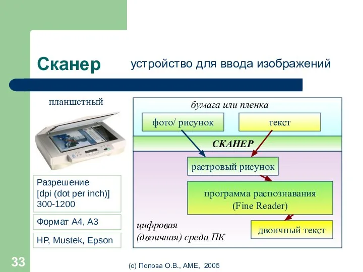 (с) Попова О.В., AME, 2005 Сканер устройство для ввода изображений планшетный Разрешение