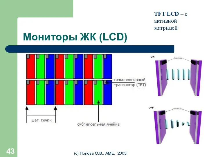 (с) Попова О.В., AME, 2005 Мониторы ЖК (LCD) TFT LCD – с активной матрицей