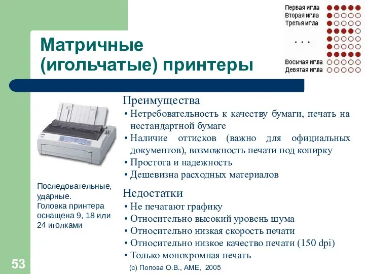 (с) Попова О.В., AME, 2005 Матричные (игольчатые) принтеры Последовательные, ударные. Головка принтера