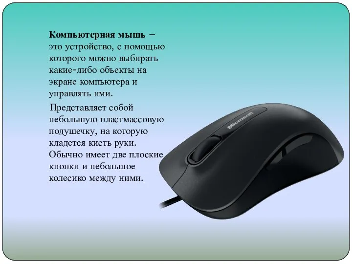 Компьютерная мышь – это устройство, с помощью которого можно выбирать какие-либо объекты