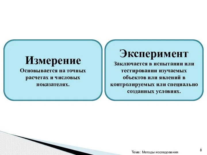 Тема: Методы исследования Измерение Основывается на точных расчетах и числовых показателях. Эксперимент