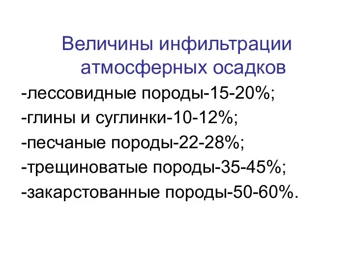 Величины инфильтрации атмосферных осадков -лессовидные породы-15-20%; -глины и суглинки-10-12%; -песчаные породы-22-28%; -трещиноватые породы-35-45%; -закарстованные породы-50-60%.