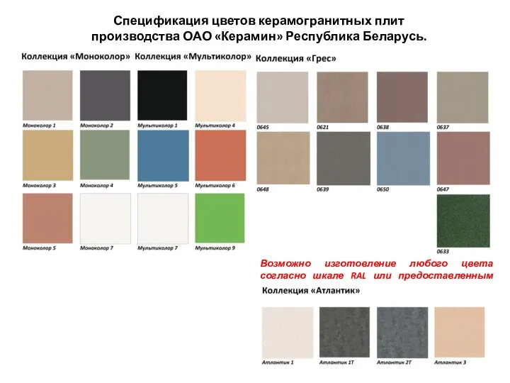 Спецификация цветов керамогранитных плит производства ОАО «Керамин» Республика Беларусь. Возможно изготовление любого