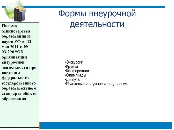 Формы внеурочной деятельности Экскурсии Кружки Конференции Олимпиады Диспуты Поисковые и научные исследования