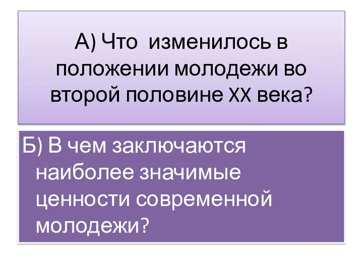 А) Что изменилось в положении молодежи во второй половине XX века? Б)