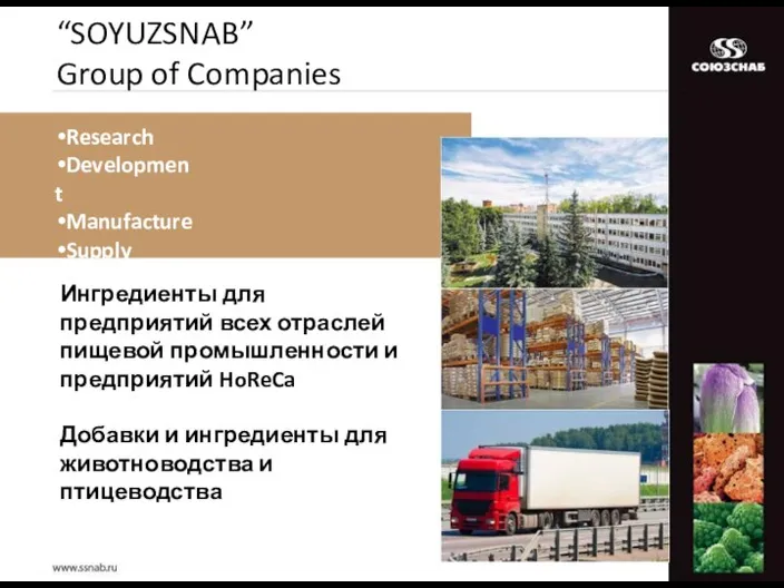 “SOYUZSNAB” Group of Companies Research Development Manufacture Supply Ингредиенты для предприятий всех