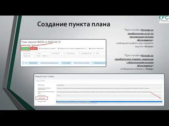 Создание пункта плана Для способа «Конкурс по приобретению услуг по организации питания