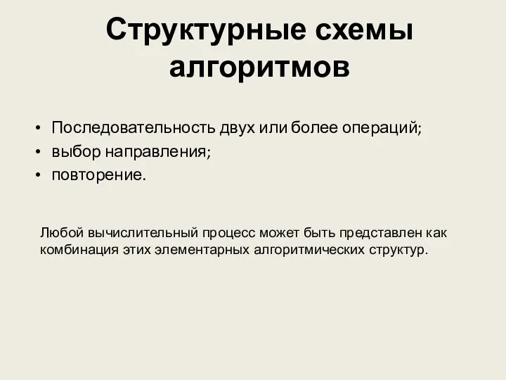 Структурные схемы алгоритмов Последовательность двух или более операций; выбор направления; повторение. Любой