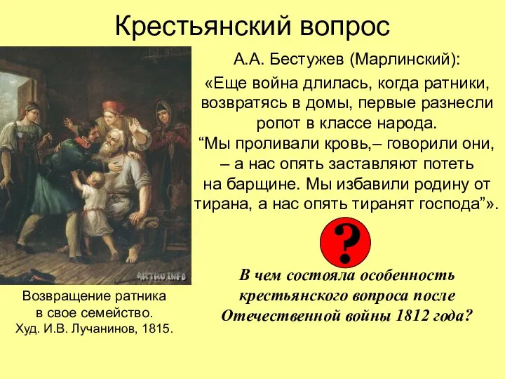 Крестьянский вопрос А.А. Бестужев (Марлинский): «Еще война длилась, когда ратники, возвратясь в