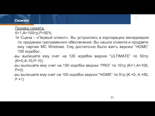 Сюжет. Пример сюжета. К=1,А=100тр,Р=50% 1я Сцена - «Первый клиент». Вы устроились в