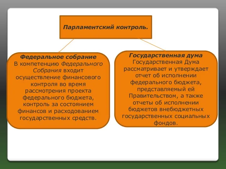 Парламентский контроль. Федеральное собрание В компетенцию Федерального Собрания входит осуществление финансового контроля