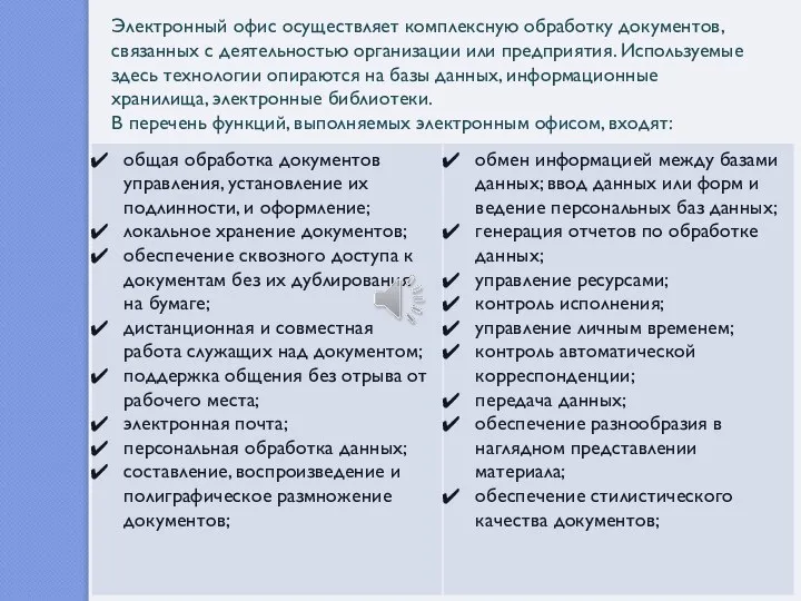 Электронный офис осуществляет комплексную обработку документов, связанных с деятельностью организации или пред­приятия.