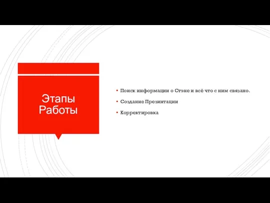 Этапы Работы Поиск информации о Стэне и всё что с ним связано. Создание Презинтации Корректировка