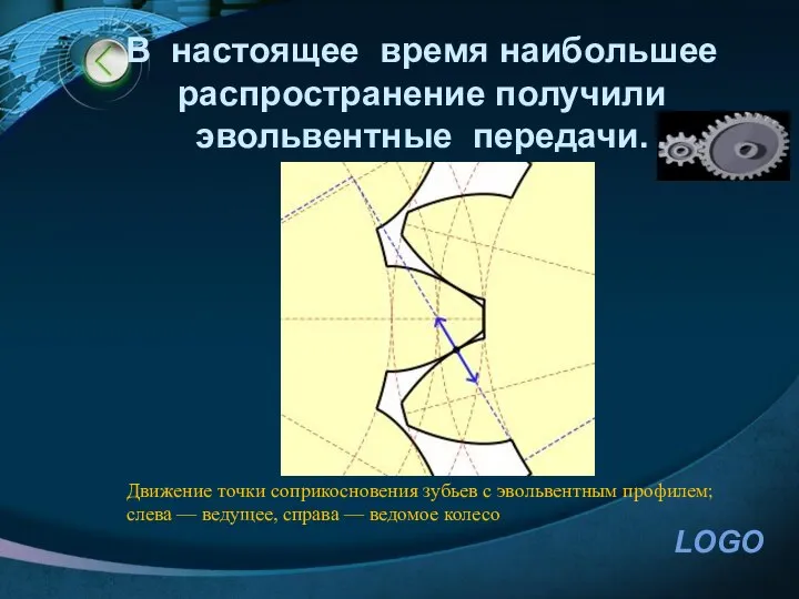 В настоящее время наибольшее распространение получили эвольвентные передачи. Движение точки соприкосновения зубьев