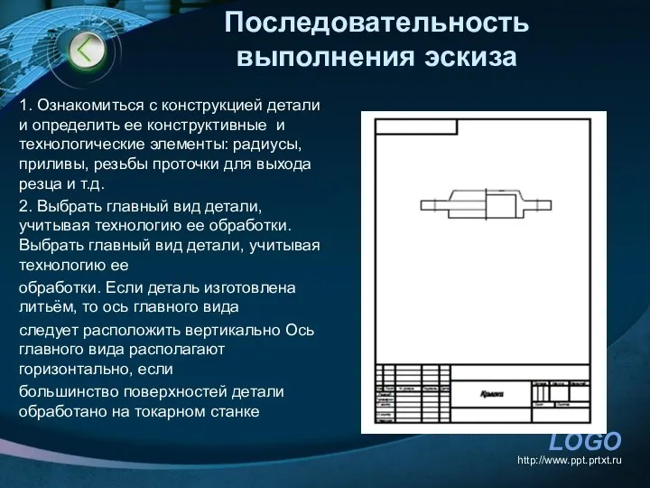 Последовательность выполнения эскиза 1. Ознакомиться с конструкцией детали и определить ее конструктивные