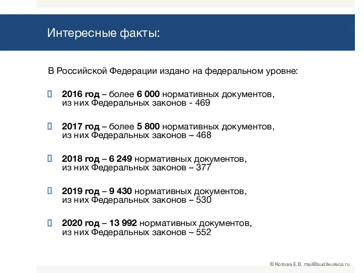 Интересные факты: В Российской Федерации издано на федеральном уровне: 2016 год –