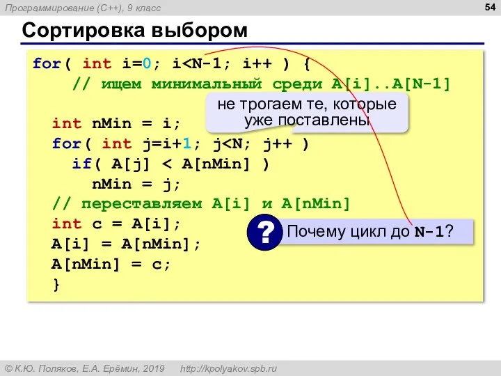 Сортировка выбором for( int i=0; i // ищем минимальный среди A[i]..A[N-1] int