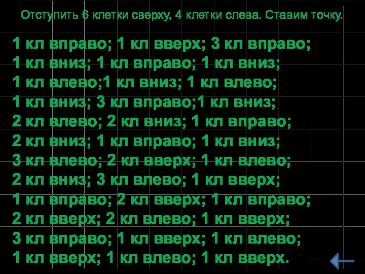 Отступить 6 клетки сверху, 4 клетки слева. Ставим точку. 1 кл вправо;