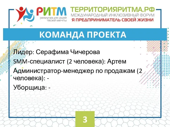 Лидер: Серафима Чичерова SMM-специалист (2 человека): Артем Администратор-менеджер по продажам (2 человека):