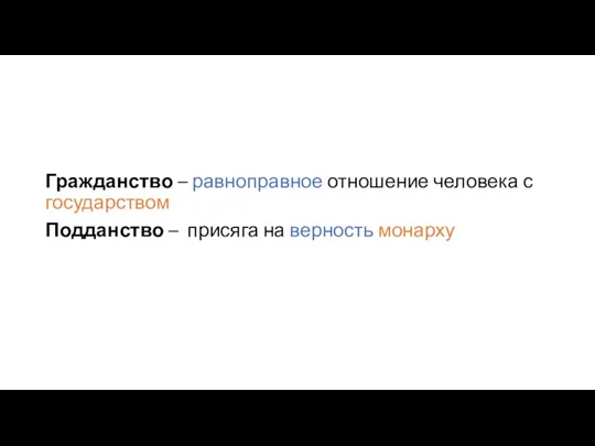 Гражданство – равноправное отношение человека с государством Подданство – присяга на верность монарху