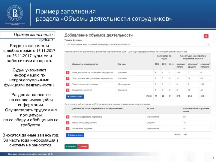 Высшая школа экономики, Москва, 2017 Пример заполнения раздела «Объемы деятельности сотрудников» фото