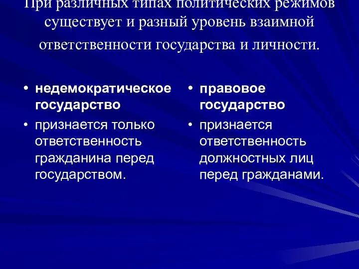 При различных типах политических режимов существует и разный уровень взаимной ответственности государства