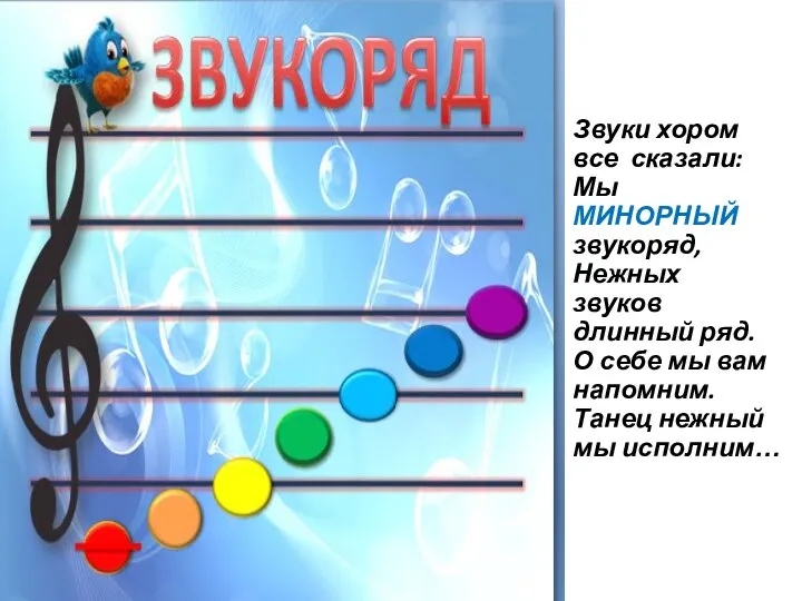 Звуки хором все сказали: Мы МИНОРНЫЙ звукоряд, Нежных звуков длинный ряд. О