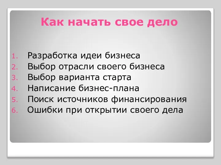 Как начать свое дело Разработка идеи бизнеса Выбор отрасли своего бизнеса Выбор