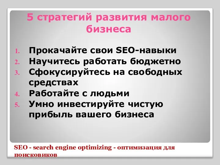 5 стратегий развития малого бизнеса Прокачайте свои SEO-навыки Научитесь работать бюджетно Сфокусируйтесь