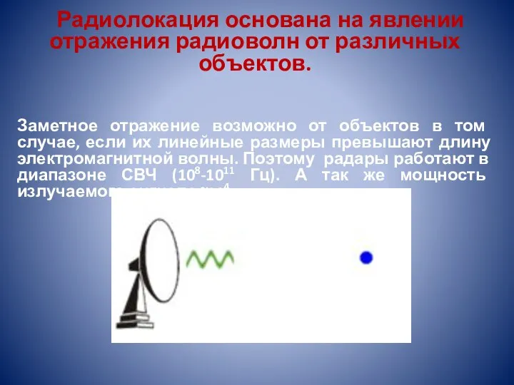 Радиолокация основана на явлении отражения радиоволн от различных объектов. Заметное отражение возможно