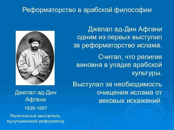 Джелал ад-Дин Афгани 1839-1897 Религиозный мыслитель, мусульманский реформатор Джелал ад-Дин Афгани одним