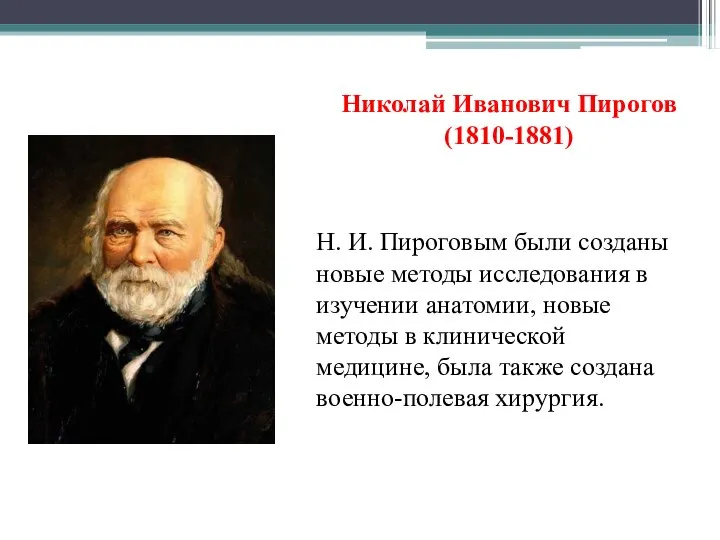 Николай Иванович Пирогов (1810-1881) Н. И. Пироговым были созданы новые методы исследования