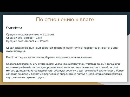 По отношению к влаге Гидрофиты Средняя площадь листьев — 27,29 см2 Средний