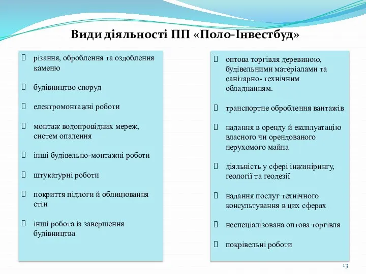 Види діяльності ПП «Поло-Інвестбуд» різання, оброблення та оздоблення каменю будівництво споруд електромонтажні