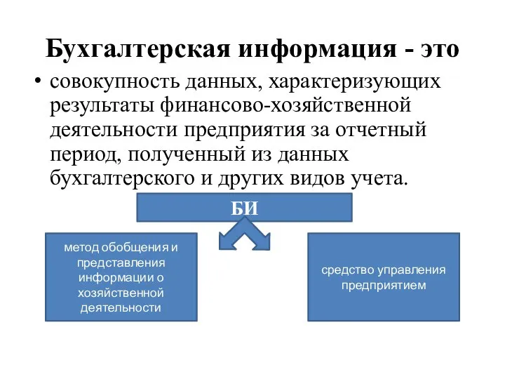 Бухгалтерская информация - это совокупность данных, характеризующих результаты финансово-хозяйственной деятельности предприятия за