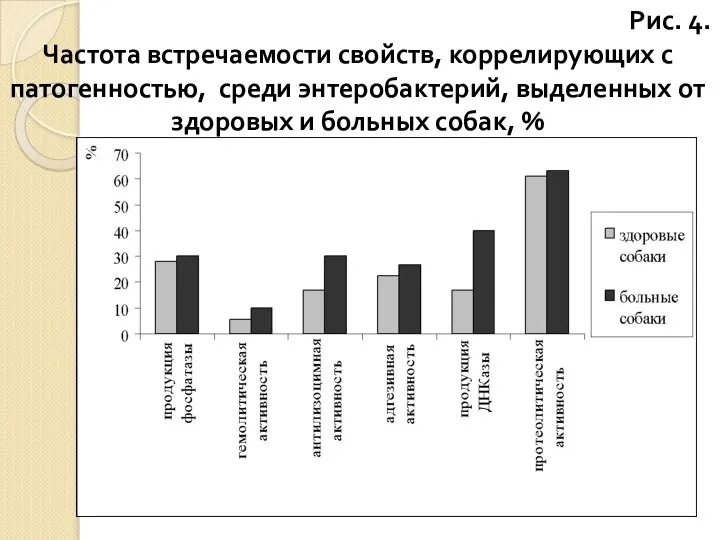 Рис. 4. Частота встречаемости свойств, коррелирующих с патогенностью, среди энтеробактерий, выделенных от