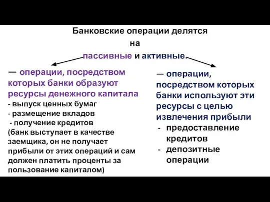 Банковские операции делятся на пассивные и активные. — операции, посредством которых банки