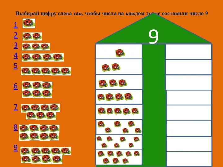 Выбирай цифру слева так, чтобы числа на каждом этаже составили число 9