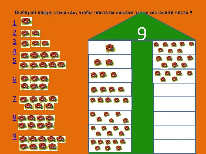 Выбирай цифру слева так, чтобы числа на каждом этаже составили число 9